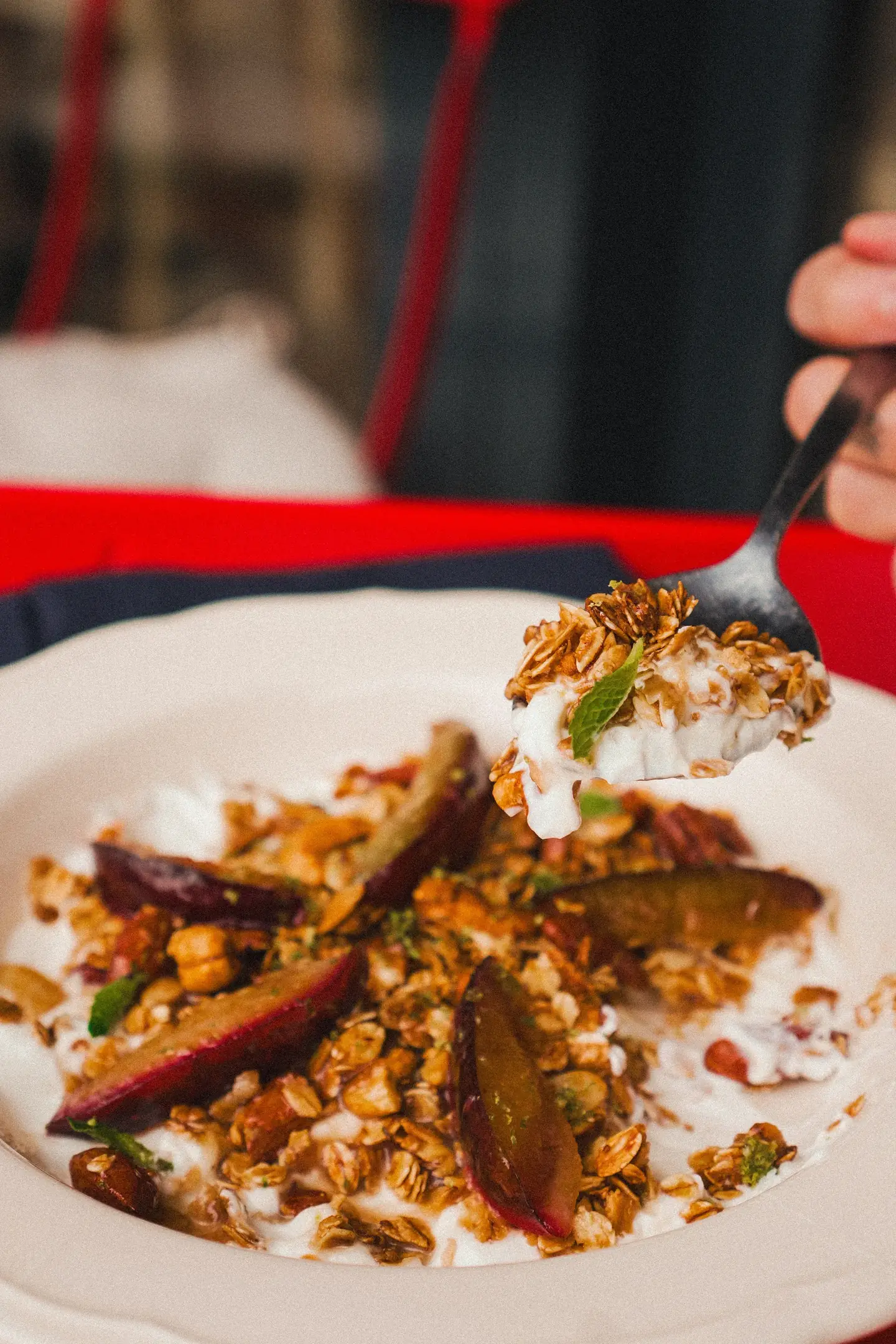 Granola with Greek yogurt and plums